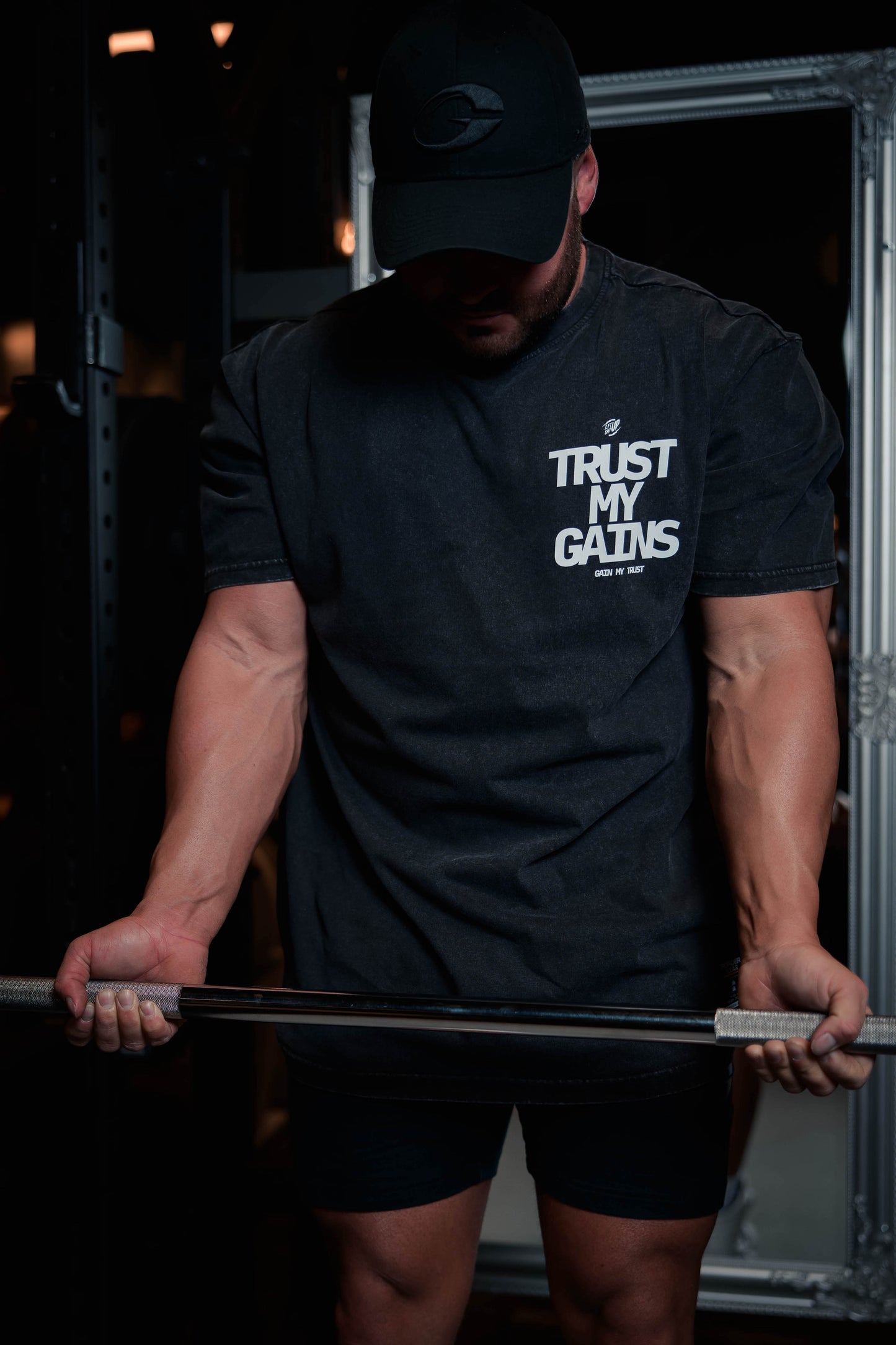 Trust My Gains Training Tee Acid Wash Black Oversized Tee