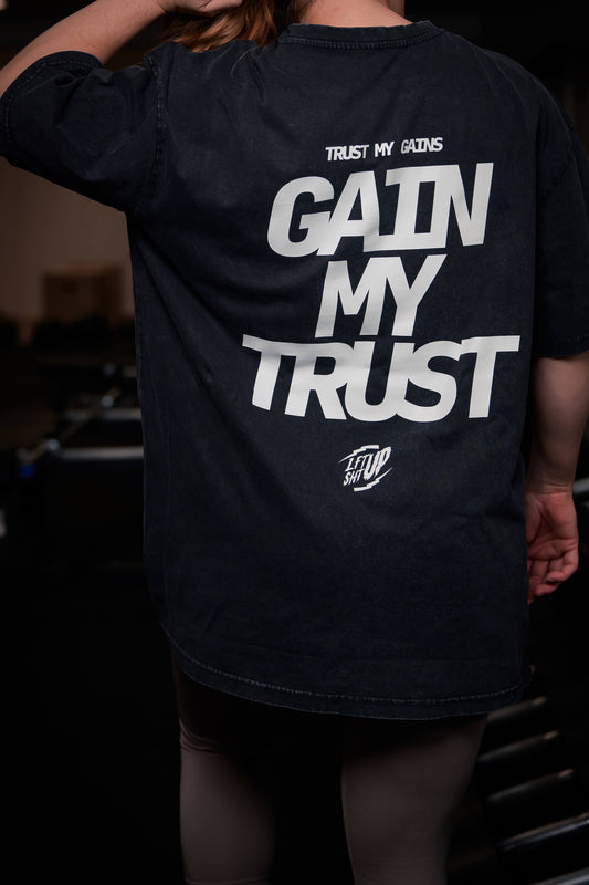 Trust My Gains Training Tee Acid Wash Black Oversized Tee