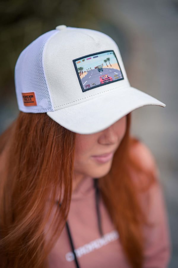 THE WHITE OUTRUN PATCH TRUCKER SNAPBACK