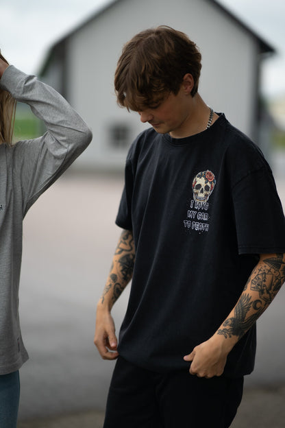 I Love My Car to Death Acid Wash Oversize Svart T-shirt