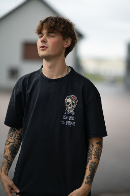 I Love My Car to Death Acid Wash Oversize Svart T-shirt
