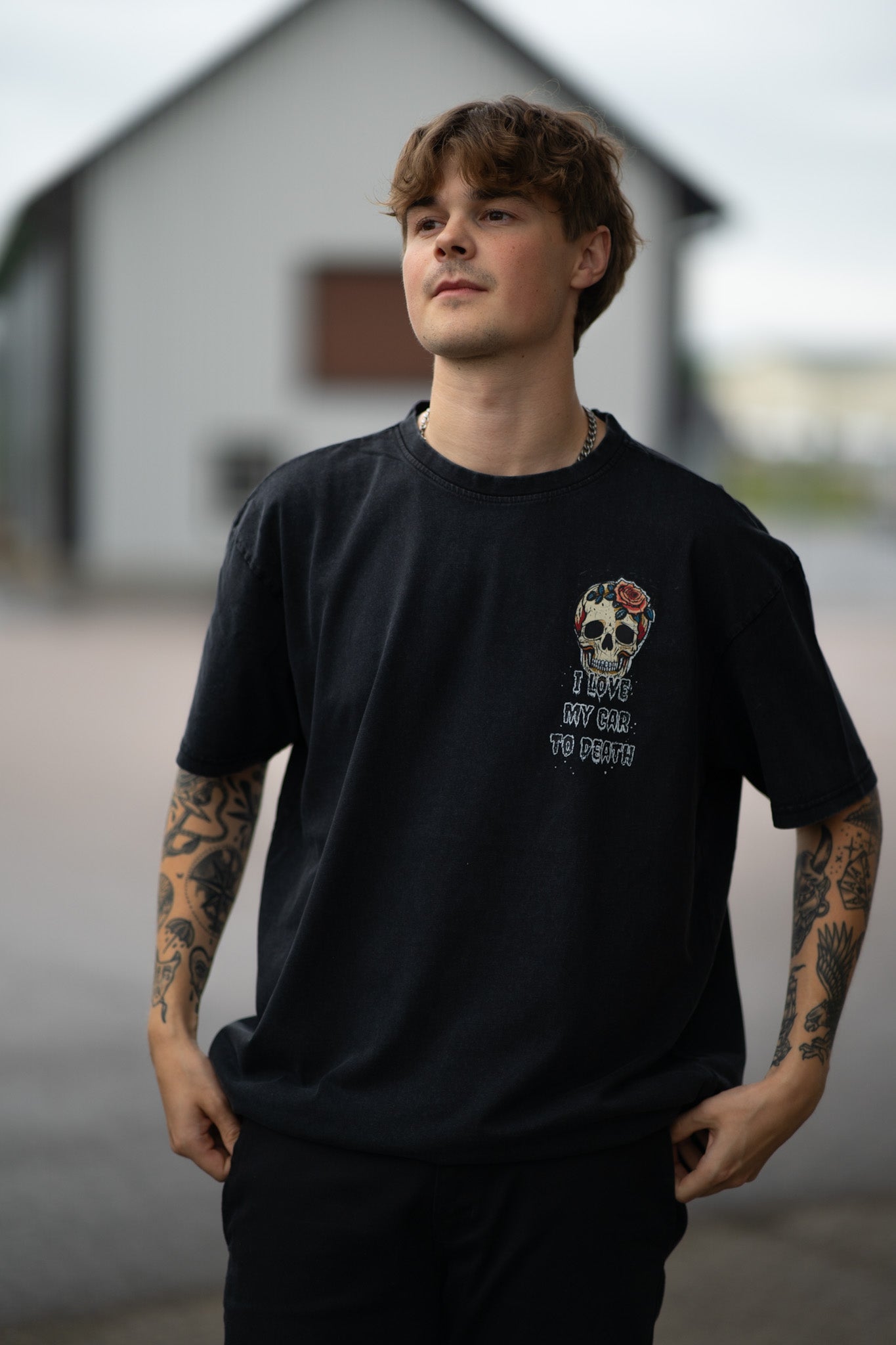 I Love My Car to Death Acid Wash Oversize Svart T-shirt