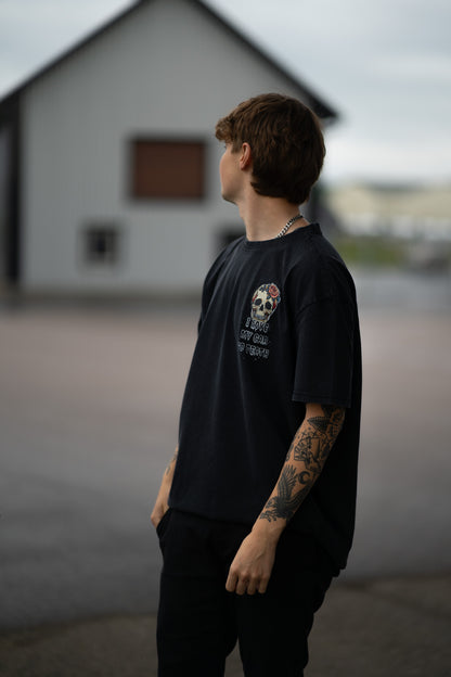 I Love My Car to Death Acid Wash Oversize Svart T-shirt