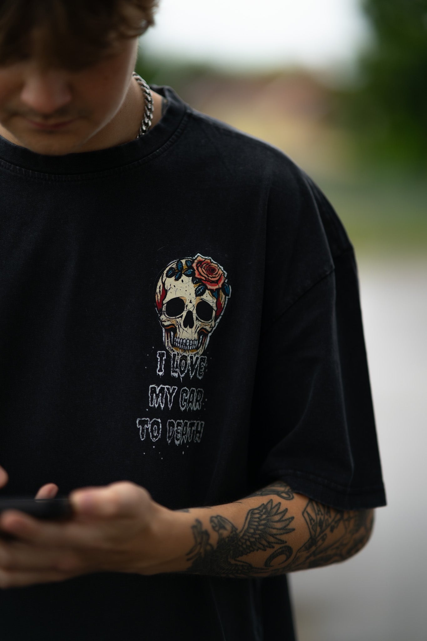 I Love My Car to Death Acid Wash Oversize Svart T-shirt