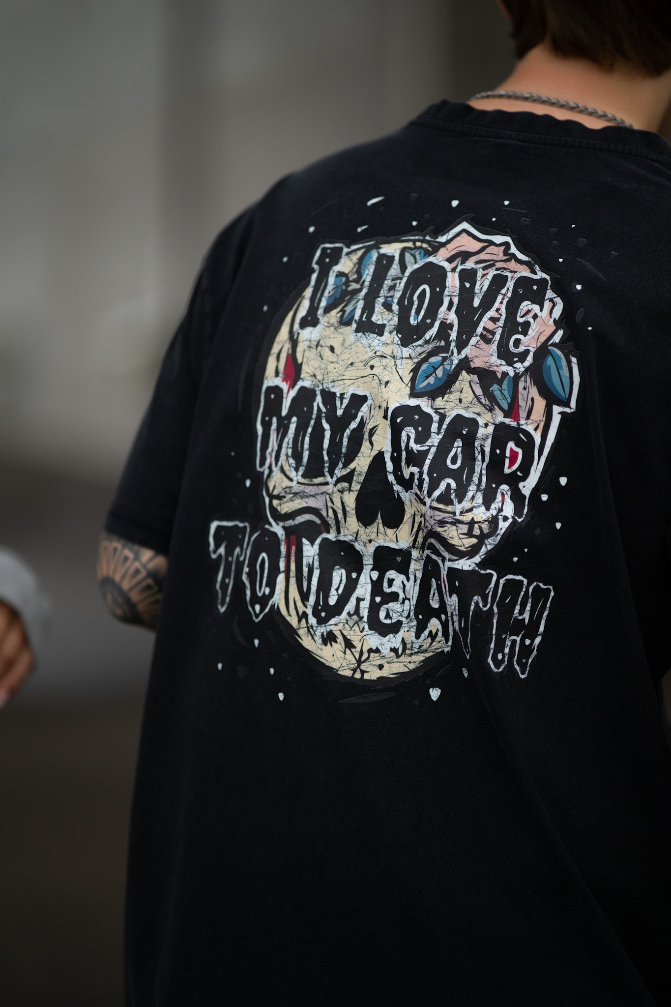 I Love My Car to Death Acid Wash Oversize Svart T-shirt