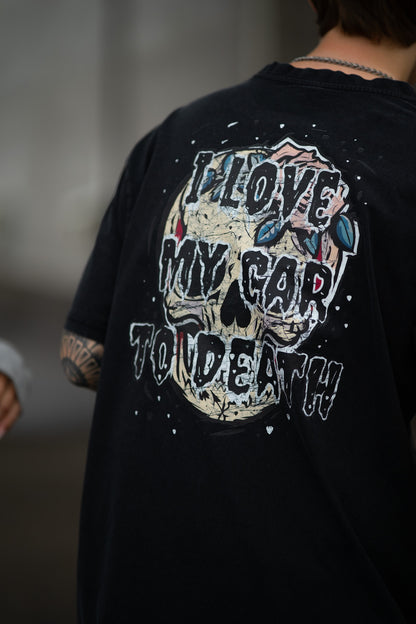 I Love My Car to Death Acid Wash Oversize Svart T-shirt