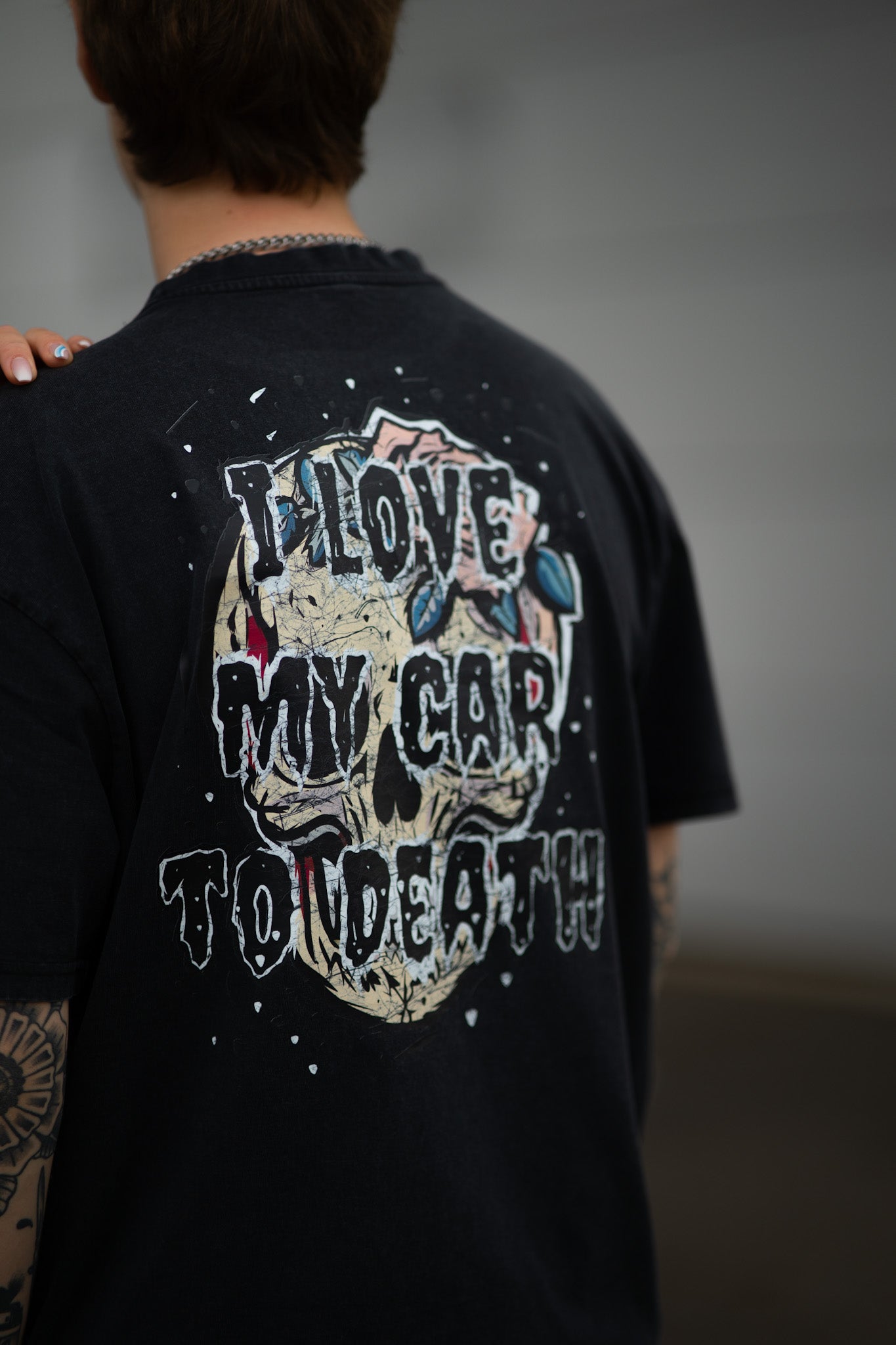 I Love My Car to Death Acid Wash Oversize Svart T-shirt