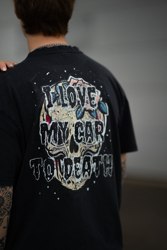 I Love My Car to Death Acid Wash Oversize Svart T-shirt