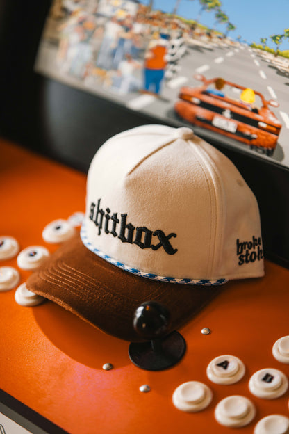 Roaderwear 5-panel keps – Shitbox Milk & Torque (Cream/Brown/Blue)