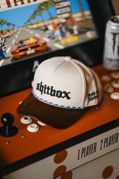 Roaderwear 5-panel keps – Shitbox Milk & Torque (Cream/Brown/Blue)