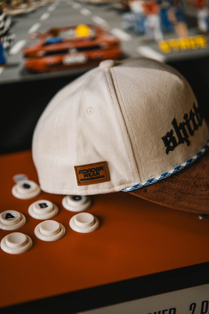 Roaderwear 5-panel keps – Shitbox Milk & Torque (Cream/Brown/Blue)