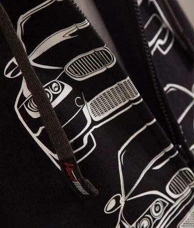 BMW Hoodie from Hardtuned - closeup on front with BMW cars